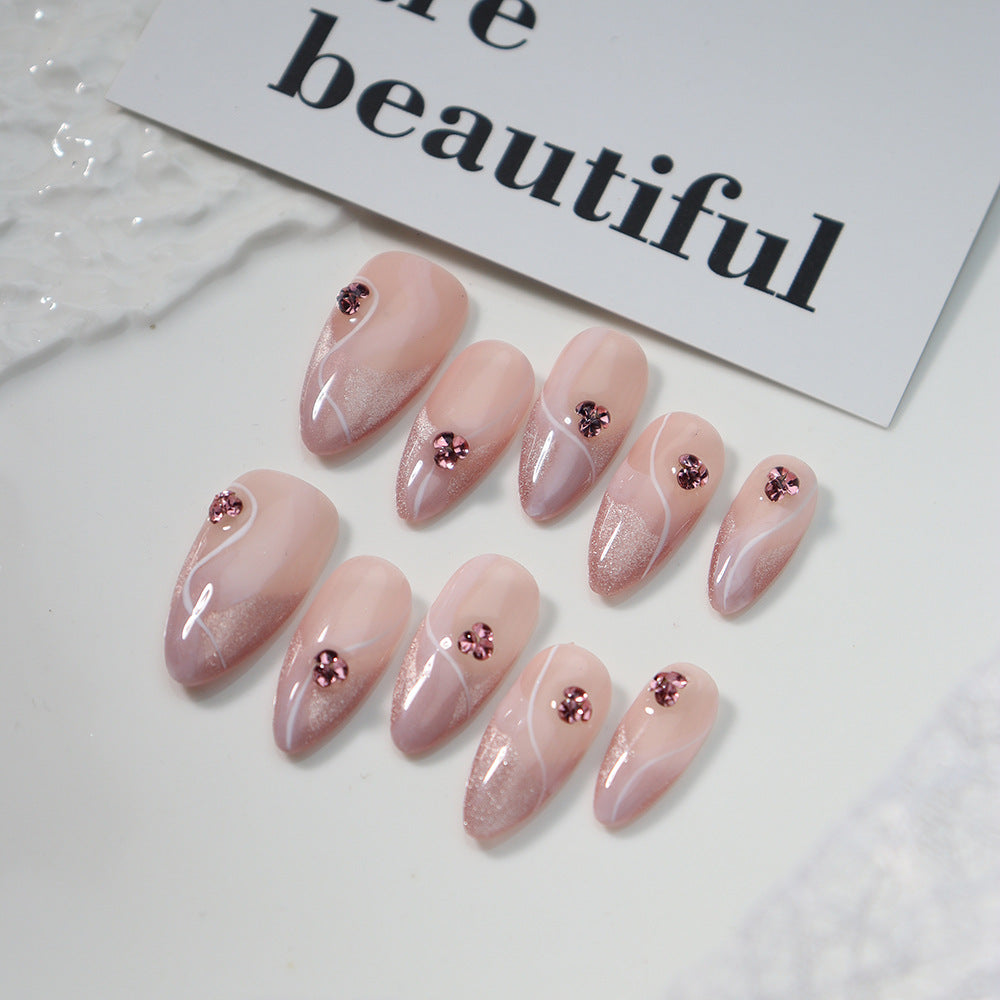 New Wear Armor Handmade Advanced Handmade French-Style Bride Armor Pink with Diamond Gentle Temperament Nail Stickers Finished Product