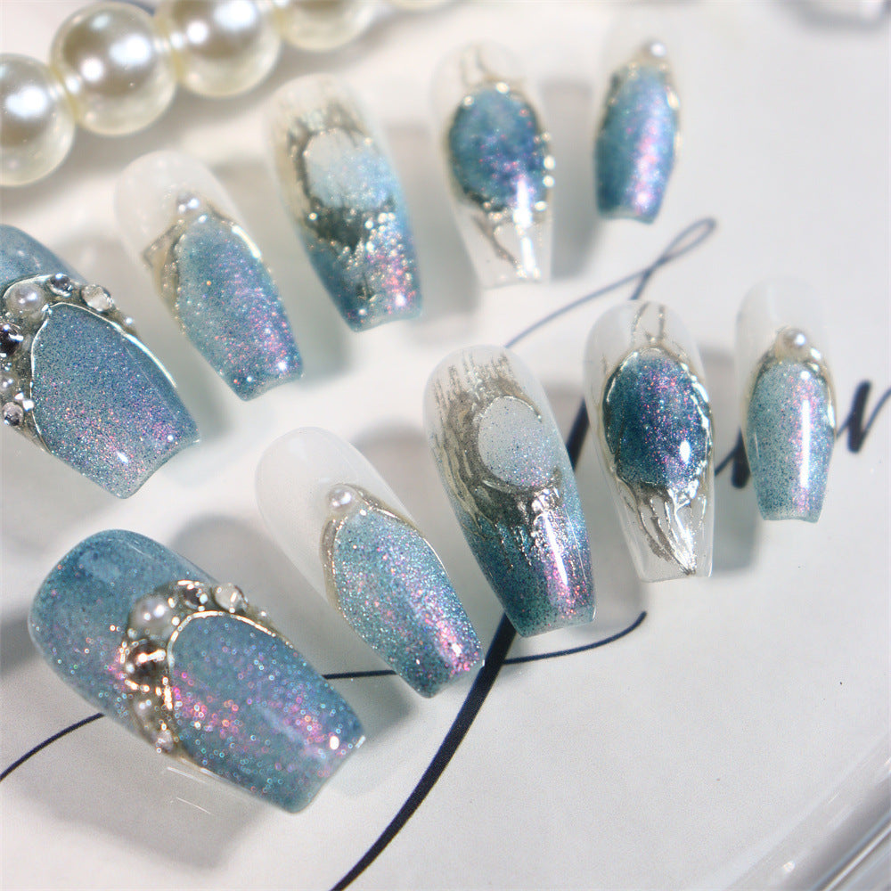 Handmade Wear Armor Summer Blue Island Pearl Holiday Nail Beauty UV Finished Product Thin and Glittering Texture Nail Stickers