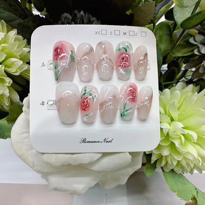 Handmade Wear Nail Gentle Temperament Marble Blooming Hand Painted Rose Mid-Length Wear Nail Handmade