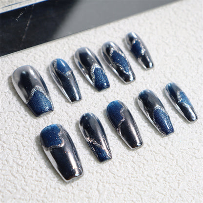 Xinghe Cat Eye Light Luxury Metal Hand-Worn Armor European and American-Style Mid-Length Nail Stickers Wearable Fake Nails Fashion