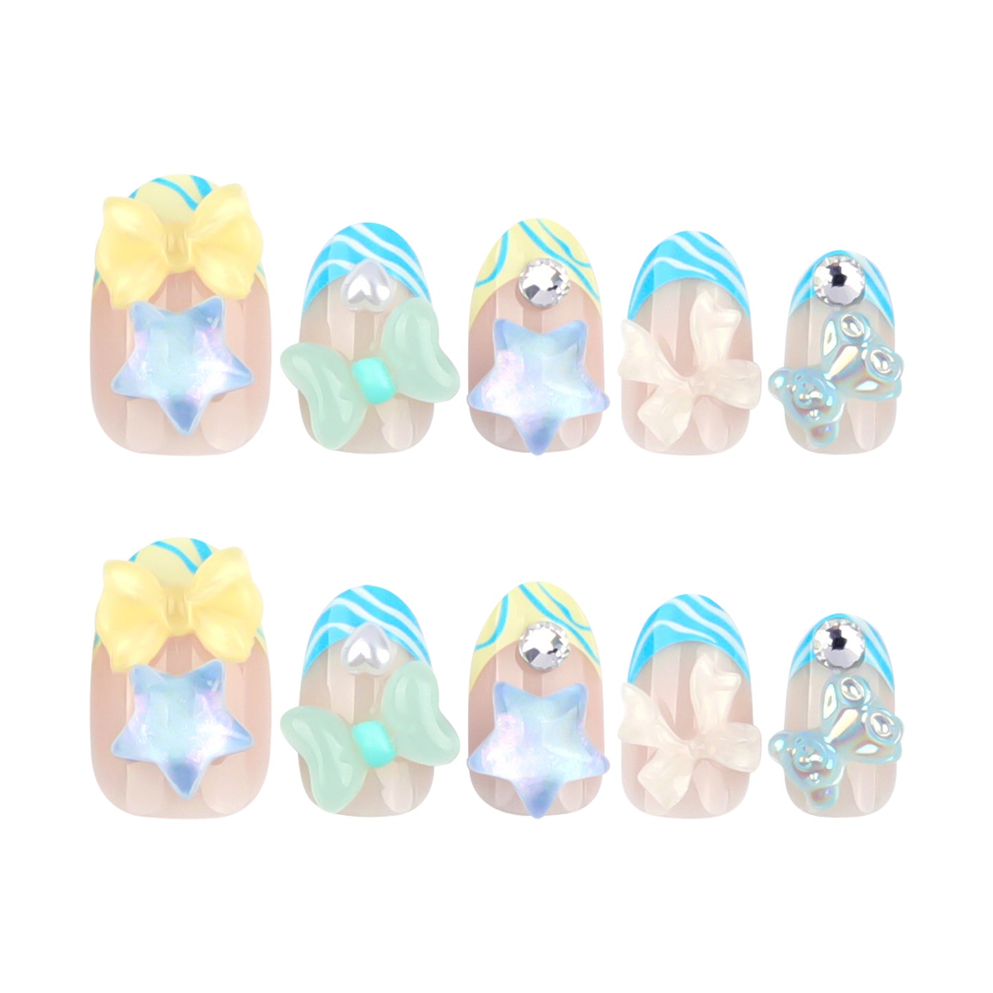 French Blue and White Stripes Nail Shaped Piece Cartoon Three-Dimensional XINGX Bow Manicure Fake Nails Cross-Border Hot Selling Wear Nail