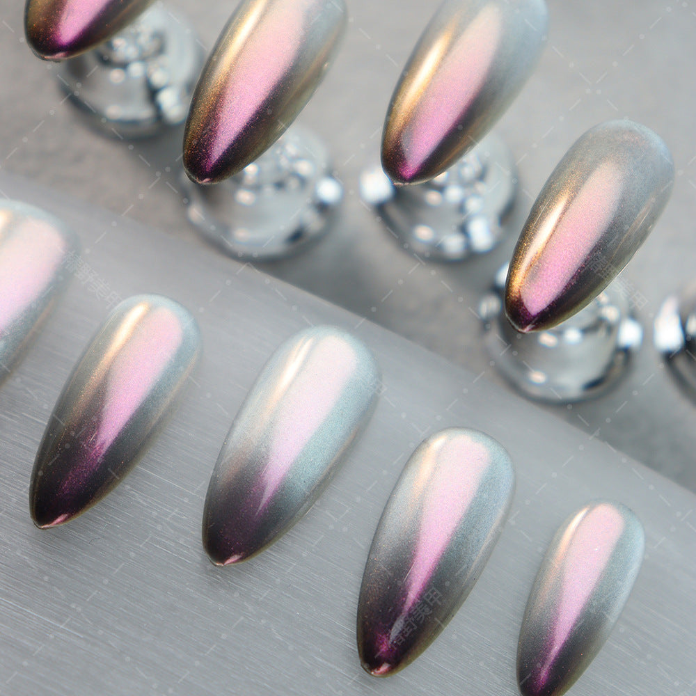 New Almond Style Nail Stickers European and American Sweet Cool Hot Girl Autumn and Winter High-Grade Cat Eye Solid Magic Mirror Purple Handmade Finished Product