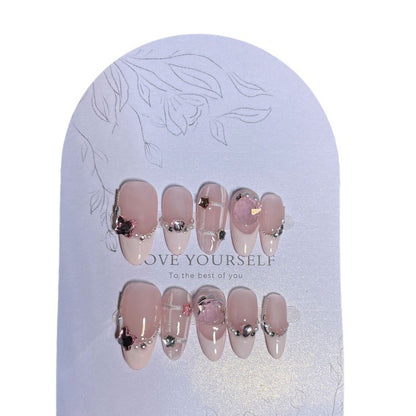 Dream Building Starry Sky Handmade Wear Armor Oval Pink Plaid Nail Stickers French Love Stick-on Crystals Light Luxury Nail Tip