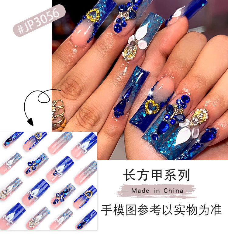 French Wear Nail Wholesale Cross-Border Hot Rhinestone Flash Nail Tips Finished Water Pipe Type Rectangular Nail Fake Nails