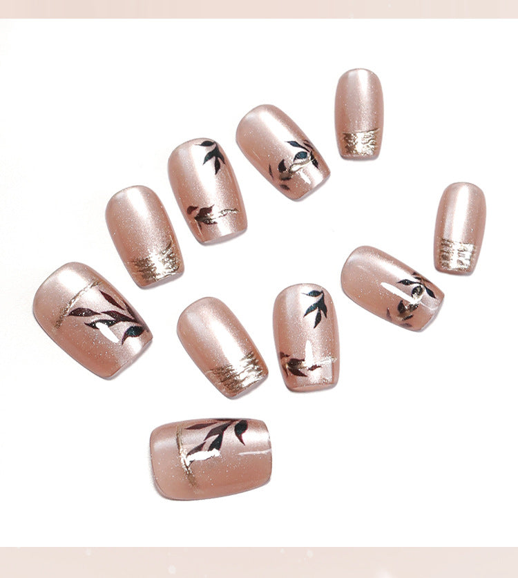 Nude Pink Cat Eye Wear Nail French Bronzing Nail Polish Cross-Border Hot Selling Leaves Nail Tip press on nails