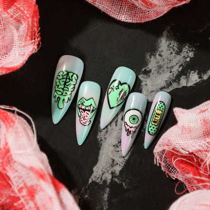 Wear Nail Finished Product Halloween Manicure Starry Sky Blooming Green Heart Eyeballs Lips Nail Sticker Removable