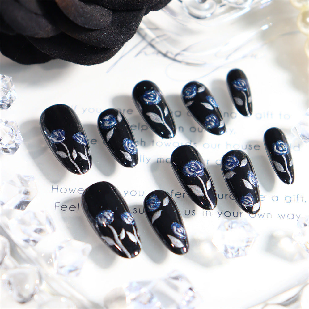 New Dark Night Rose Hand-Painted Elegant Hand-Worn Armor Black Oval Dark Knight Fake Nail Tip UV Nail Beauty