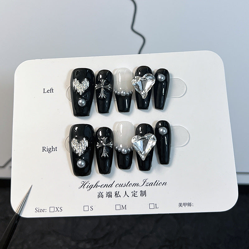 Handmade Wear Nail Crock Heart Crooked Heart Light Diamond Dark European and American Style Nail Stickers Detachable Fake Nails