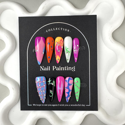 Pure Hand Drawing Flame Handmade Wear Nail Tip High-Grade Summer Contrast Color Long Pointed Cross-Border Handmade Nail Stickers