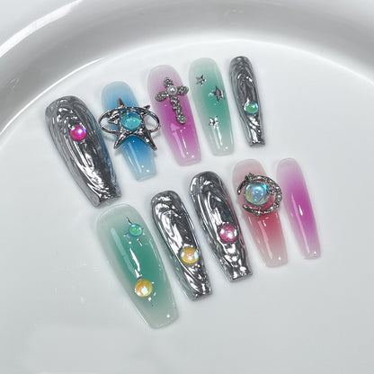 Sweet Cool Hot Girl Dopamine Color Matching Hand-Worn Nail European and American Style Metal Three-Dimensional Relief Long Nail Stickers