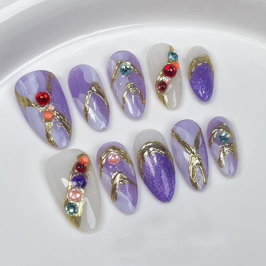 Handmade Wear Nail Dream Purple Baroque High Luxury Finished Nail Beauty Patch Watercolor Blooming Almond Nail