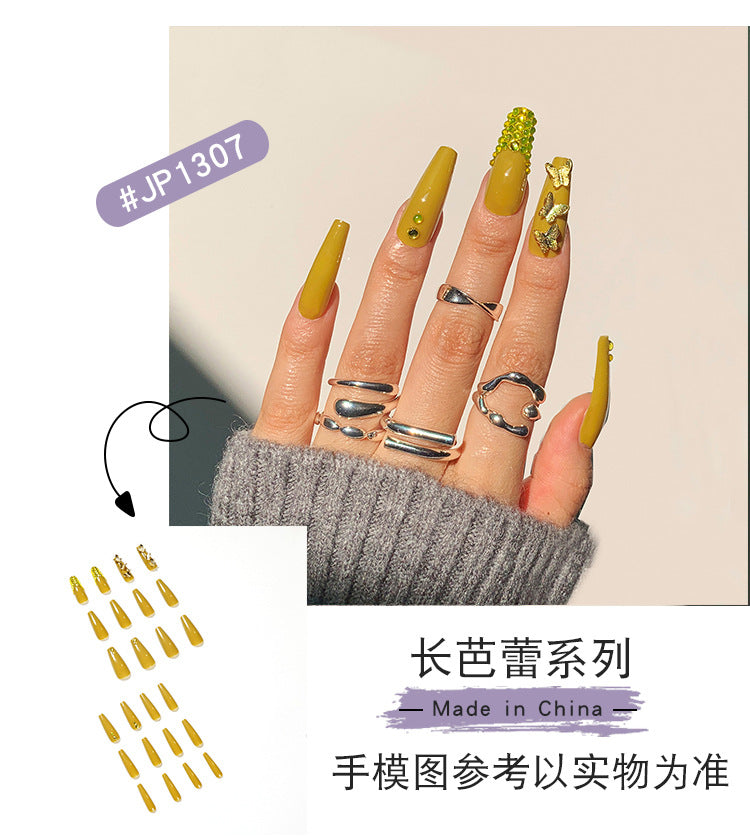 Mustard Yellow Full Diamond Wear Nail Butterfly Manicure French Nail Patch White Nail Stickers Wear Nail Beauty Wholesale