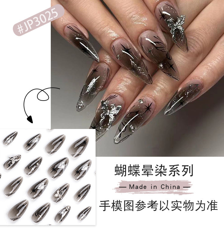 Ice Reflected with Silver Bow Wear Nail Black Cool Spicy Asterism Rhinestone Nail Beauty Long Almond Nail Fake Nails Nail Tip