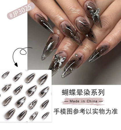 Ice Reflected with Silver Bow Wear Nail Black Cool Spicy Asterism Rhinestone Nail Beauty Long Almond Nail Fake Nails Nail Tip