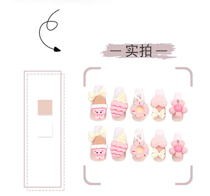 Sweet Cute Pink Ice Cream Cone Manicure Fake Nail Tip Three-Dimensional Love Heart Flowers Wear Nail Nail Patch