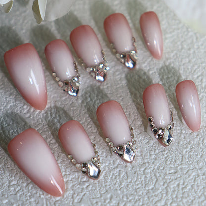 Textured Almond Nail Diamond Fingertip French Wear Simple Blush Nail Gradient Pink Wedding Nail Advanced Handmade