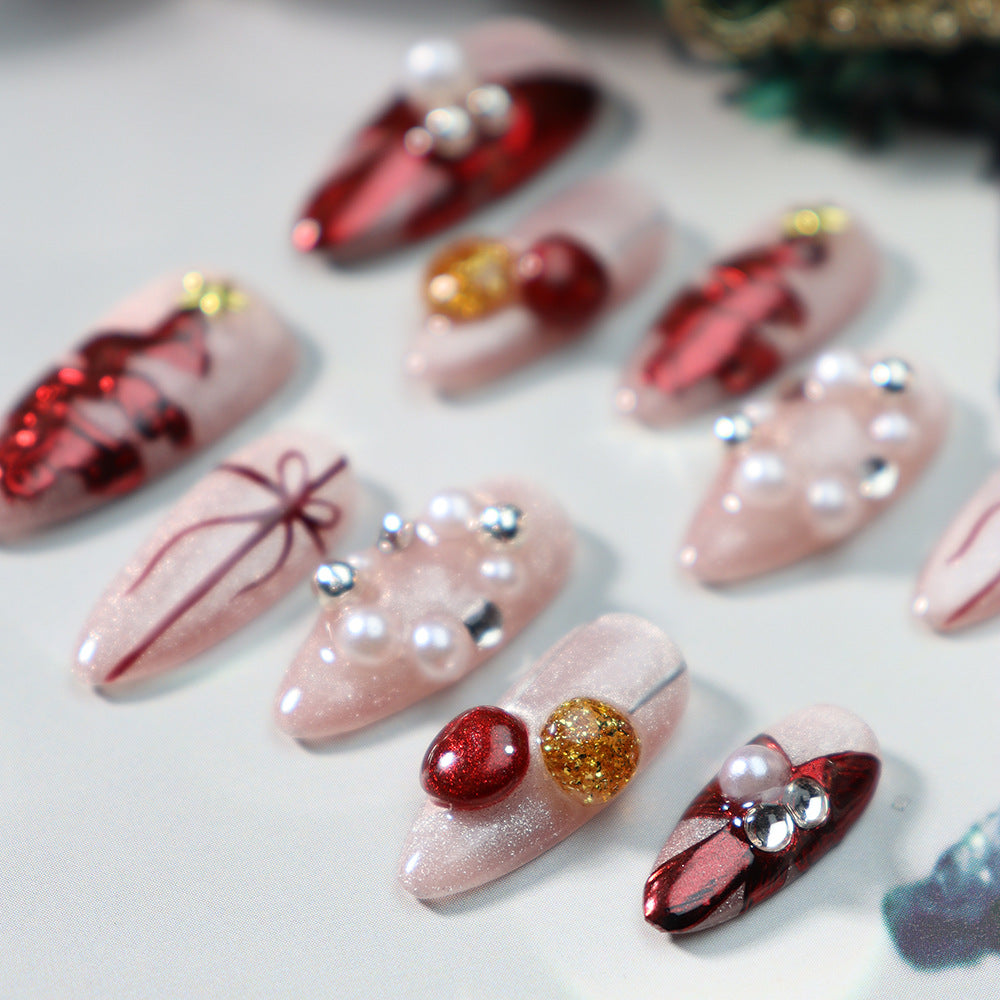 New Nail Beauty Wear Nail Hand-Painted Christmas Style Pearl Festive Cute White Fake Nails Handmade Detachable