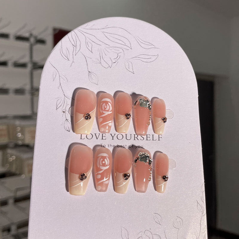 Rose Manor Hand-Worn Nail French Hand-Painted Rose Temperament Pure Desire Nail Stickers Affordable Luxury Style Wear Nail Middle Ladder