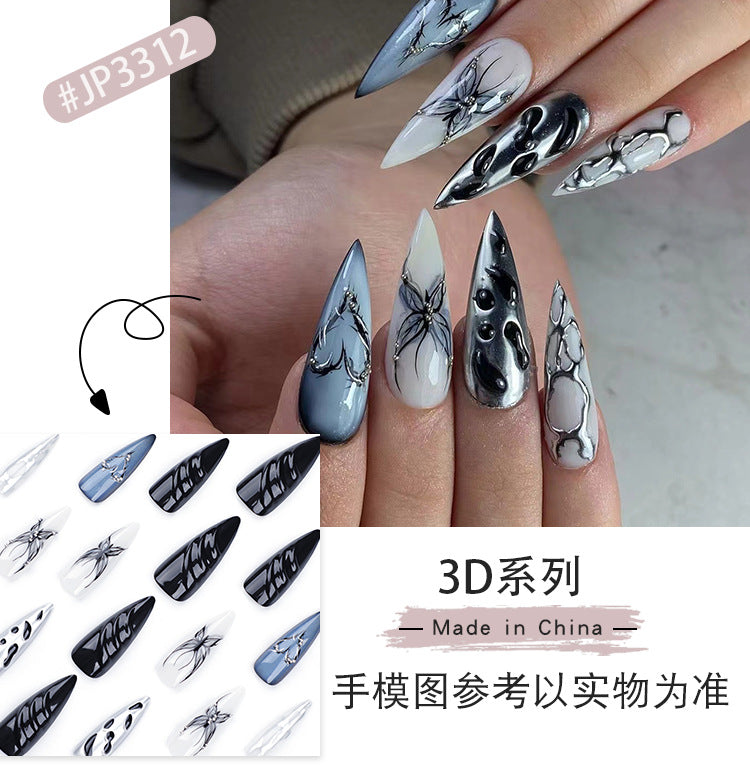 3D Three-Dimensional Water Ripple Wear Nail Cool Super Long Pointed Nail Piece Europe and America Cross Border Butterfly Hot Silver Fake Nails