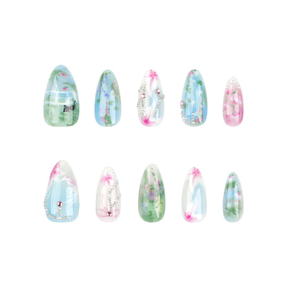 24Spring and Summer New Almond Nail Fake Nails Pastoral Style Fresh Flower Wear Nail Polish Piece Wholesale