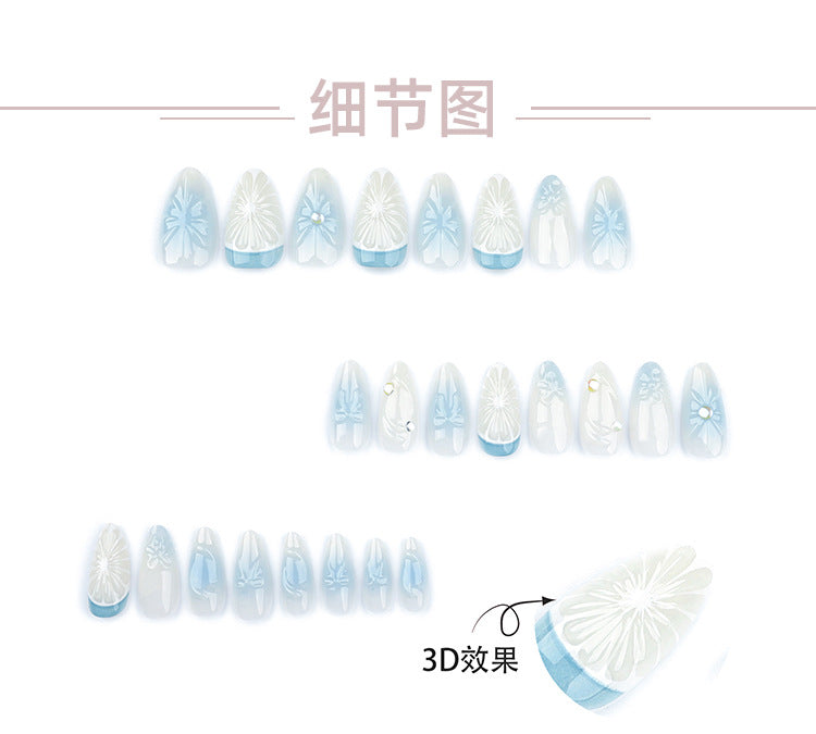 3D Blue Blooming Wear Nail Manicure Bow Fake Nails Lemon French Nail Tip Removable Nail Patch