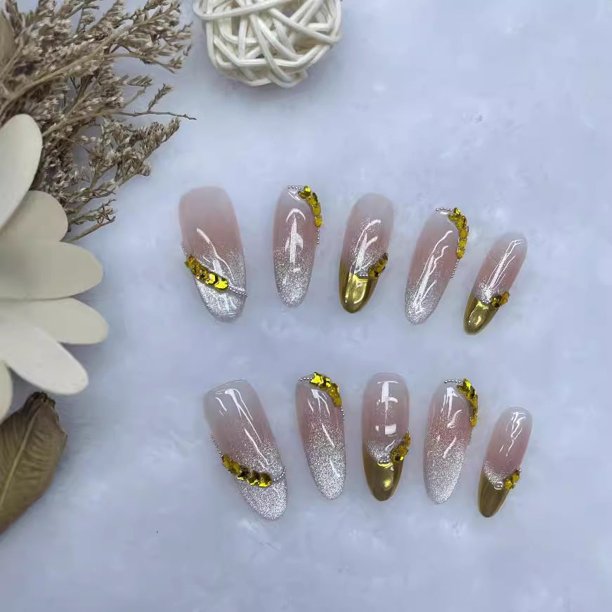 Handmade Wear Nail New Summer Golden Wheat Blush Gradient Cat Eye Temperament White Lady Internet Hot