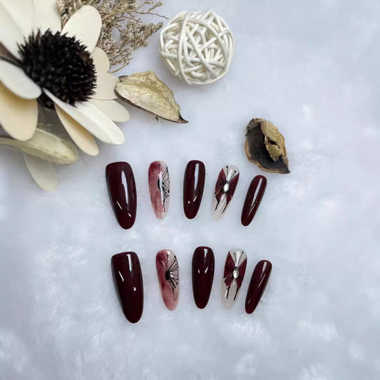 Handmade Wear Nail Autumn and Winter High Class Elegant White Cherry Jump Color Blooming Hand Painted Butterfly Long Manicure