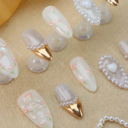 New Nail Stickers Wear Advanced New French Nail Autumn and Winter Atmosphere Pile Beads Flower Hand Painted Nail Stickers Finished Product Batch