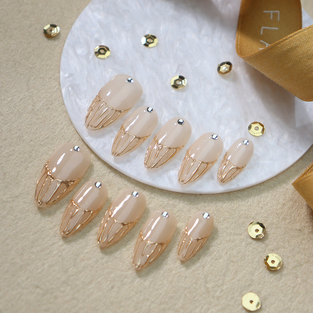 New Hot Sale Wear Nail Sticker French Small Diamond Gold Powder Grit Rendering Golden Lines Almond-Shaped Bride Nail Hands