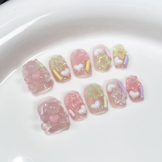 Sweet Cute Bear Handmade Nail Stickers Ice-Permeable Short Handmade Wear Nail Wholesale Wearable Nail Sticker