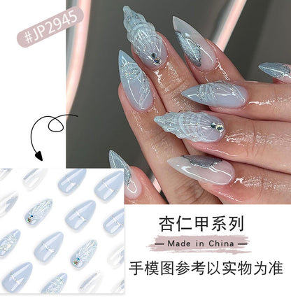 Cross-Border Hot Selling Wear Nail Polish Finished Products Wholesale Cold Color Pallete3D Water Drop Shell Nail Art Almond Fake Nails