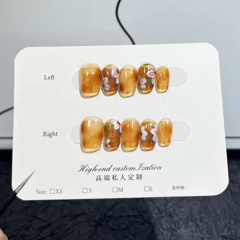 【Amber Flower Painting】Handmade Manicure Wearable Summer Simple Short Manicure Fake Nail Patch