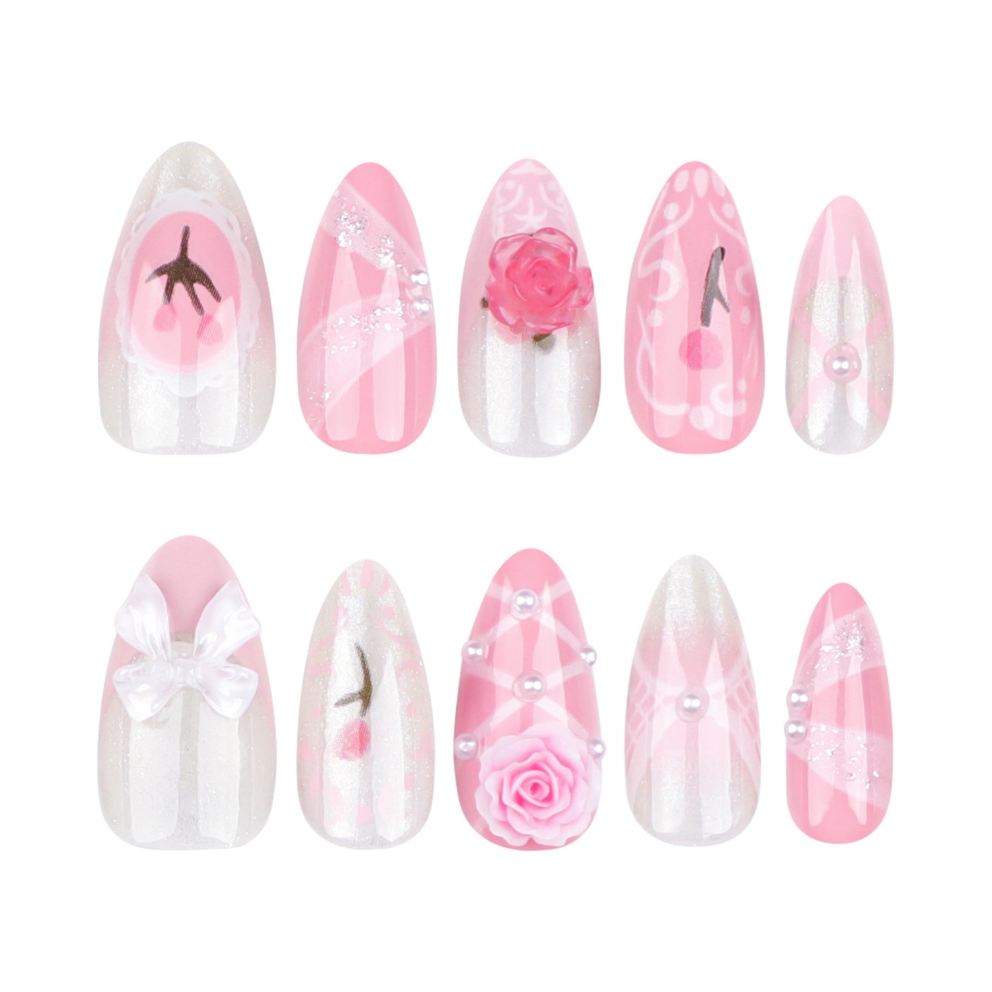 French Cute Girl Pink Nail Art Three-Dimensional Flower Wear Nail Tulip Ribbon Fake Nails Nail Tip Finished Product Wholesale