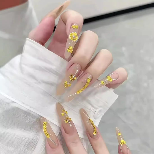 Handmade Wear Nail Internet Celebrity Hot Summer Classic Nude Golden Wheat Elegant High-Grade Long Manicure