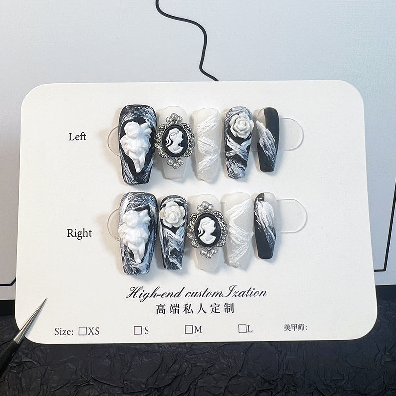 Handmade Wear Nail Baroque Angel Camellia Nail Stickers Mid-Length Dark European and American Style Manicure Wholesale