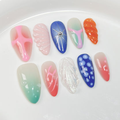 【Dyed Nail】Handmade Wear Nail Dream Sea Fresh and Elegant Gentle Style Cute Style Mid-Length Manicure Almond Nail