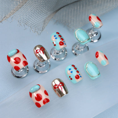 New Product Nail Beauty Wear Armor Hand-Painted Cute Fun Polka Dot Bow Short Ballet Nail Stickers Cross-Border Nail Sticker