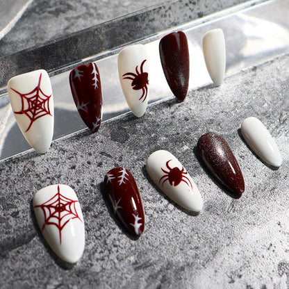 Ins Wind Rock Style Hand-Painted Nail Spider Web Red and White Nail Exclusive for Cross-Border Wholesale