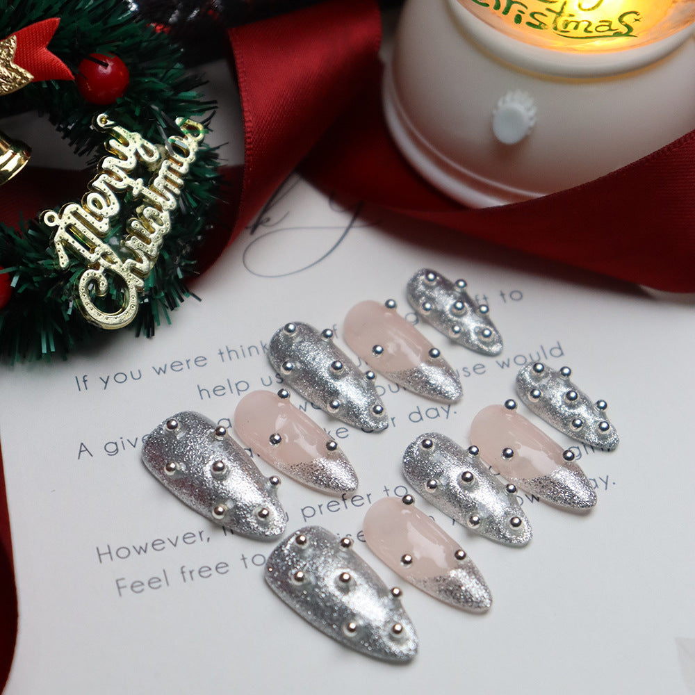 New Nail Beauty Patch Wearing Nail Advanced Autumn and Winter Christmas New Year Atmosphere Flash French Small Steel Ball Fake Nail Stickers