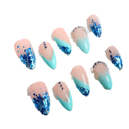 Factory Wear Nail Tip High-Grade Summer Flash Almond Blue Broken Brick Glitter Pink Hot Girl French One Piece Dropshipping