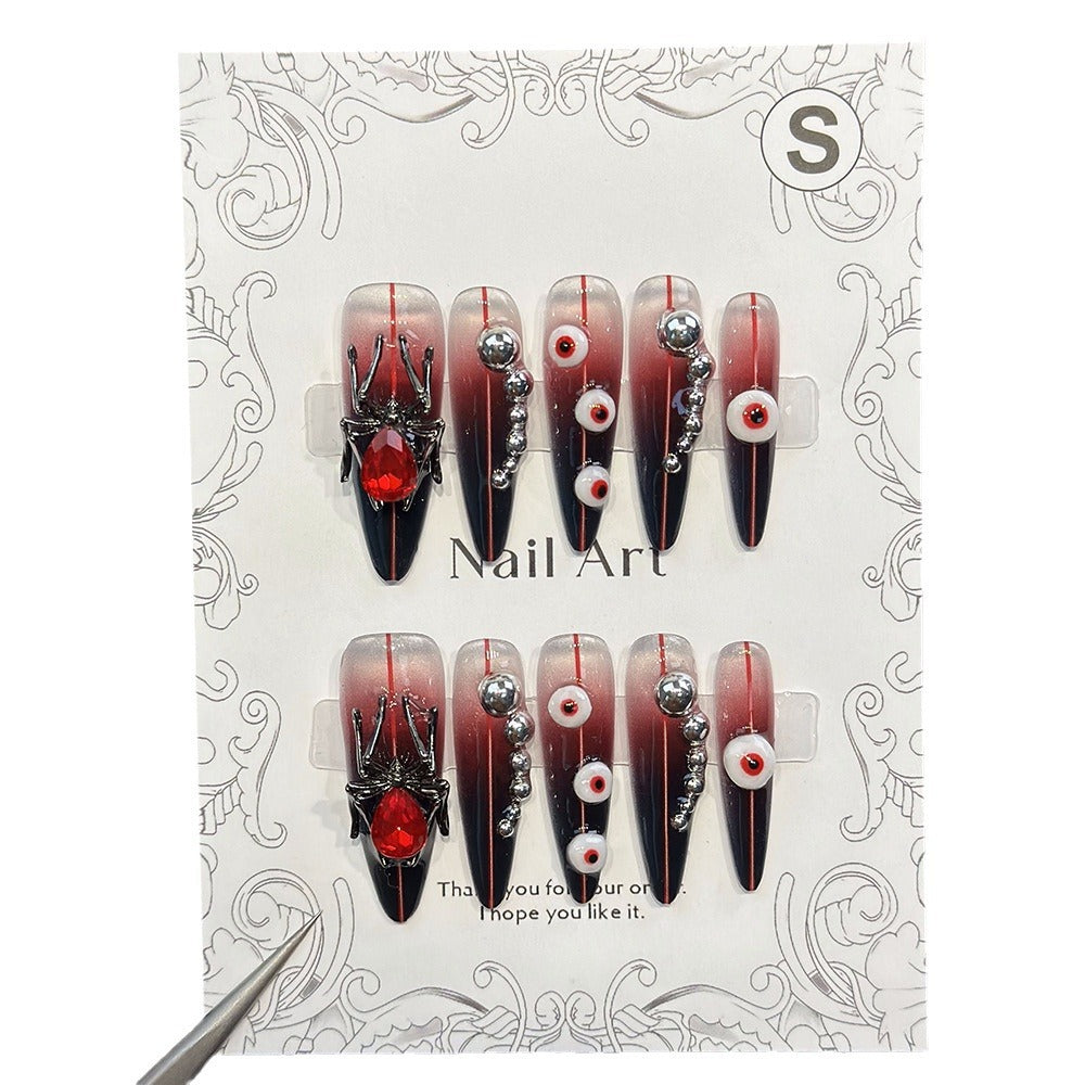 Cross-Border Hot Selling European and American Long Pointed Hand-Worn Nail Three-Dimensional Nail Ornament Bloody Rivet Spider Halloween Nail Tip