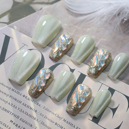 Summer Nail Jelly Green Cat Eye Color Jumping Handmade Wear Nail Jasmine Green Phototherapy Nail Stickers Finished Product Wholesale