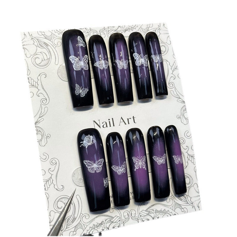 Cross-Border New European and American Halloween Purple Butterfly Long Water Pipe Handmade Wear Nail Fake Nails Nail Sticker Nail Tip