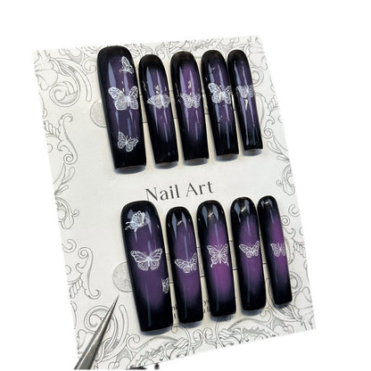 Cross-Border New European and American Halloween Purple Butterfly Long Water Pipe Handmade Wear Nail Fake Nails Nail Sticker Nail Tip