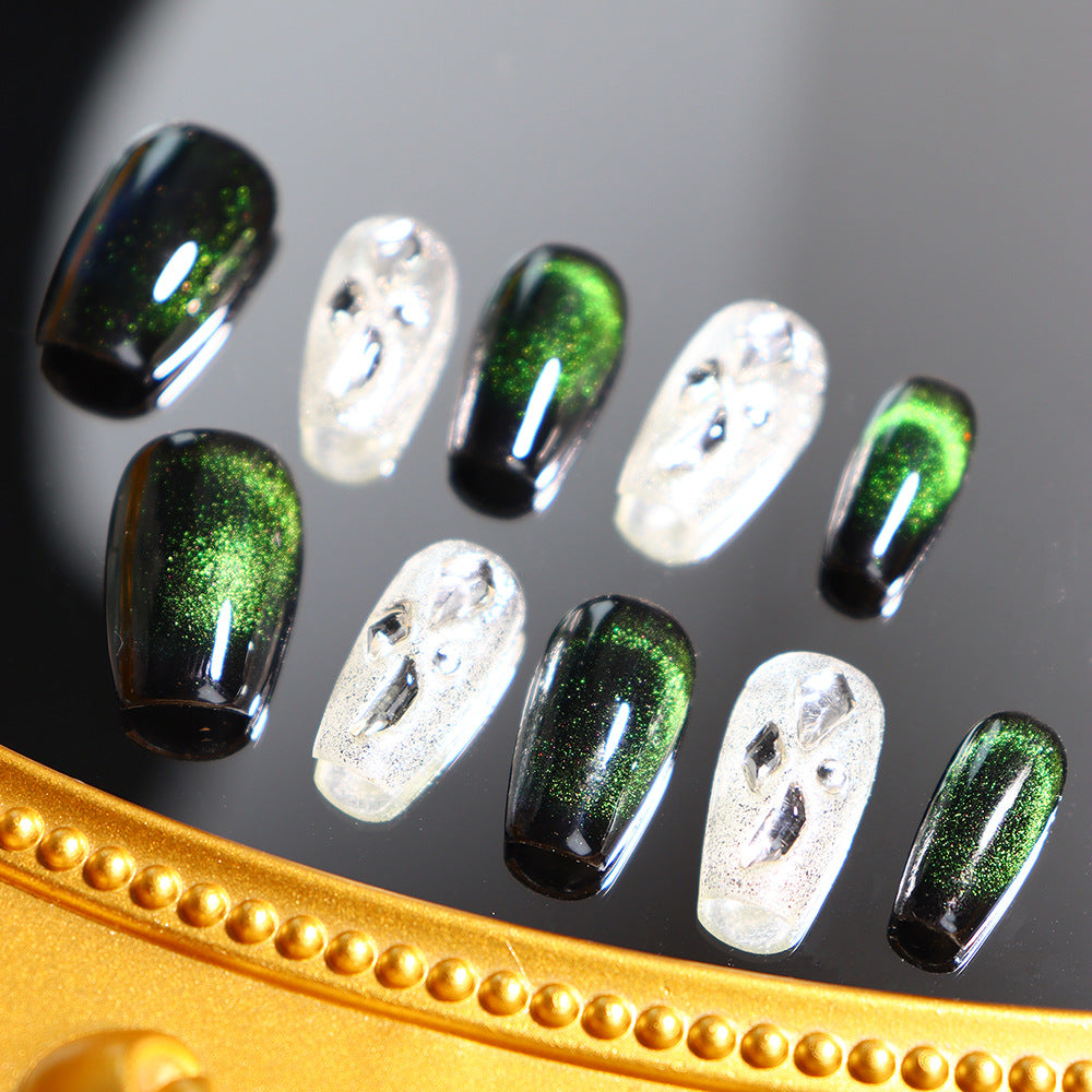 Senior Emperor Green Cat Eye Wear Nail Firefly with Diamond Simple Fashion Manicure European and American Green Phantom Quartz Handmade Manicure