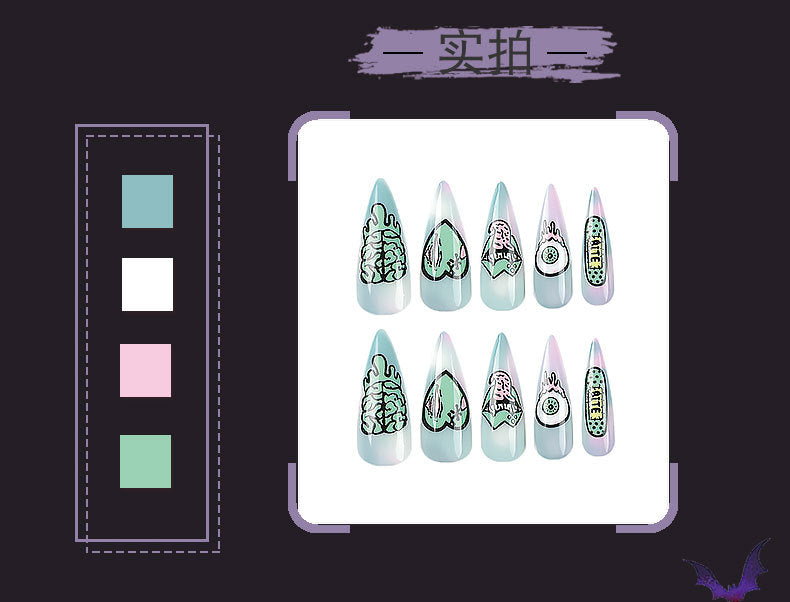 Wear Nail Finished Product Halloween Manicure Starry Sky Blooming Green Heart Eyeballs Lips Nail Sticker Removable