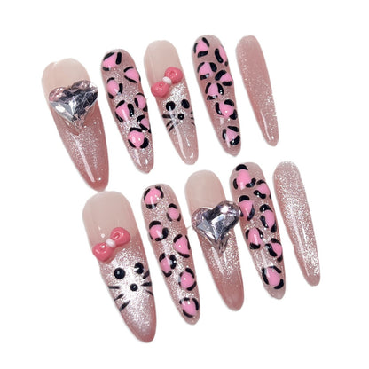 【Dyed Nail】Handmade Wear Nail Pink Leopard Cat Creative Cute Cartoon Sweet Girl Bow Manicure