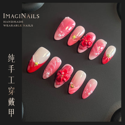 Hot Selling in Europe and America3D Three-Dimensional Carved Almond Nail Pure Hand-Worn Nail Piece