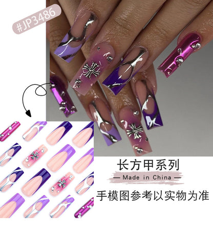 French Purple Wear Nail Polish Blush Crocheted Nail Art Fake Nails Spot Drill Rhinestone Silver Stripes Nail Shaped Piece