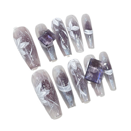 Ice-Transparent Cat's Eye Long Nail Stickers Hand-Painted Embossed Flower Hand-Worn Armor Wearable Nail Sticker Wholesale